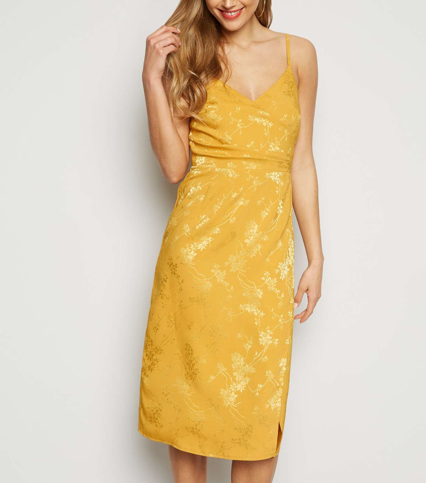 Mustard Floral Satin Jacquard Midi Dress