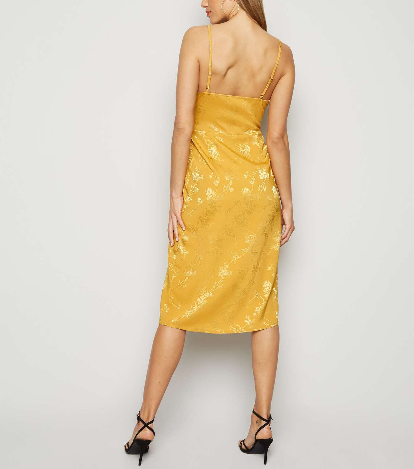 Mustard Floral Satin Jacquard Midi Dress Image 3
