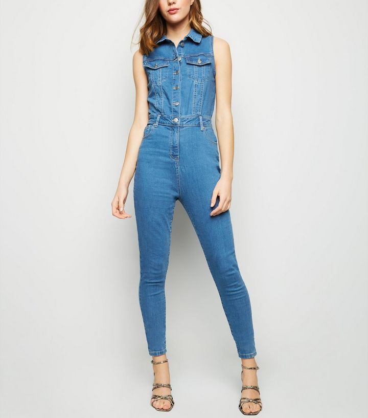 Parisian Blauer Jumpsuit Aus Denim Mit Knopfleiste New Look