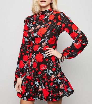 black floral high neck dress