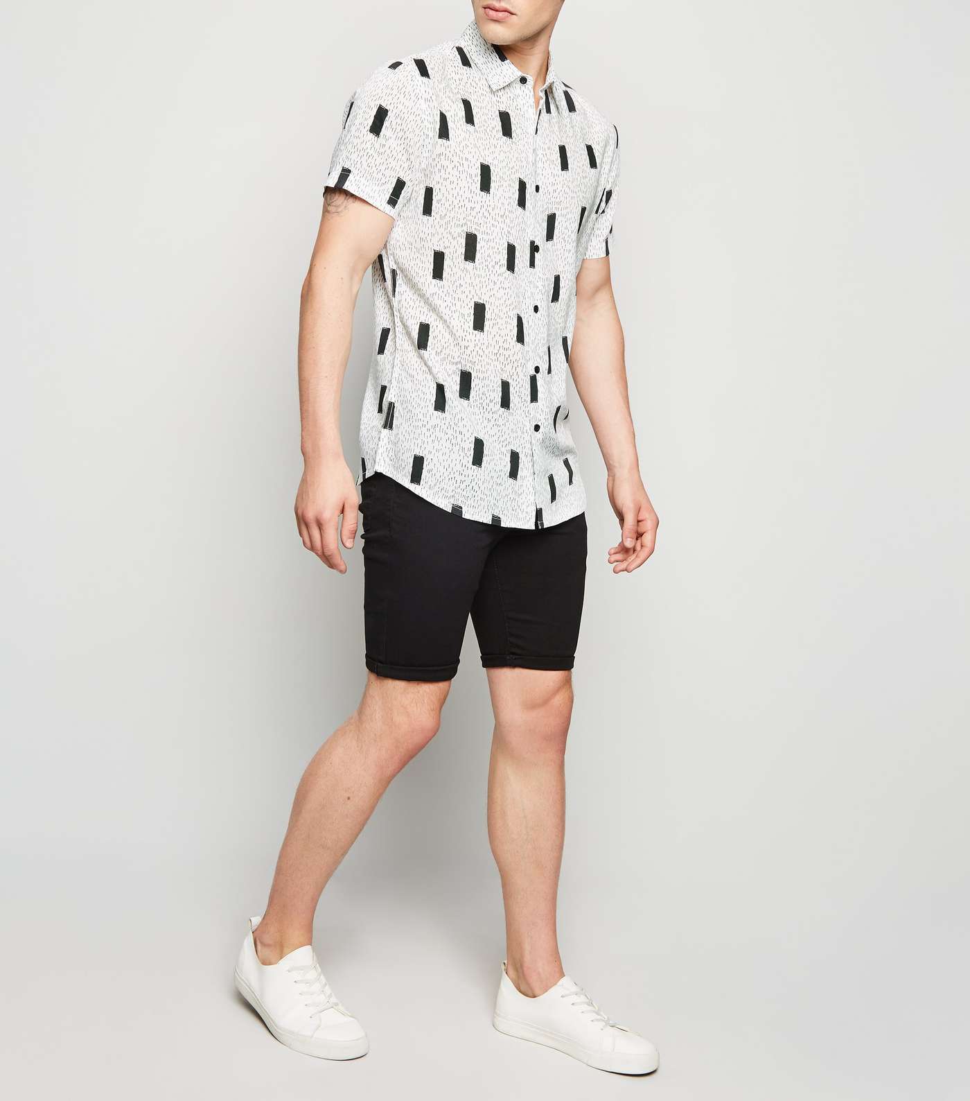 White Abstract Print Revere Collar Shirt Image 2