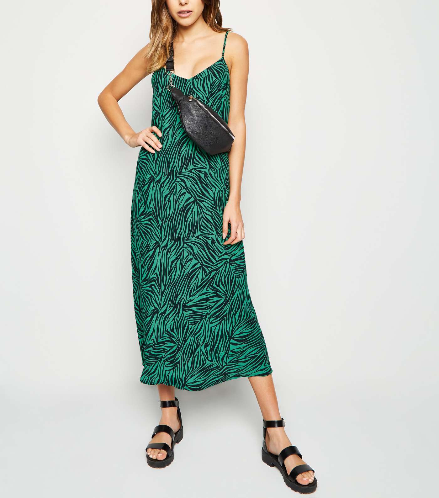 Green Zebra Print Bias Cut Midi Slip Dress