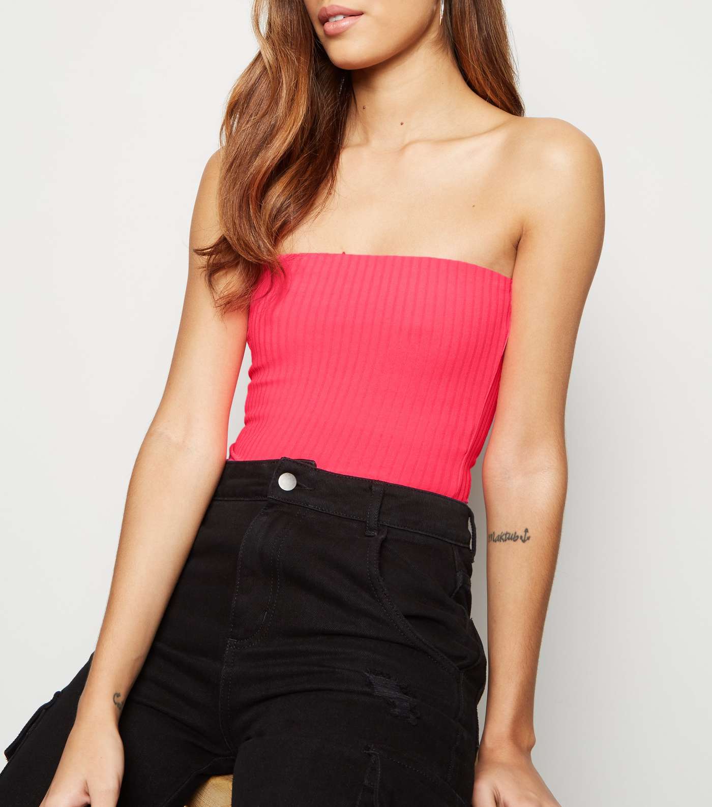 Bright Pink Neon Ribbed Bandeau Bodysuit Image 5