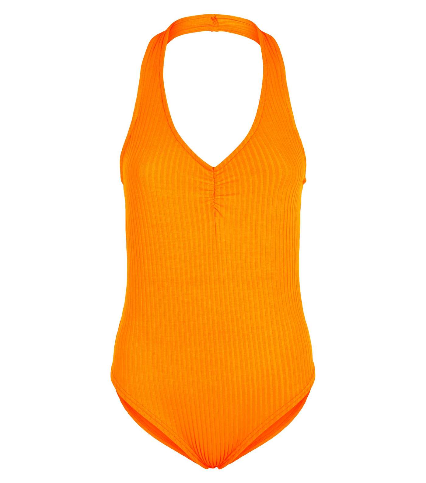 Bright Orange Ribbed Halterneck Ruched Bodysuit Image 4