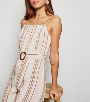 White Stripe Buckle Belted Jumpsuit New Look