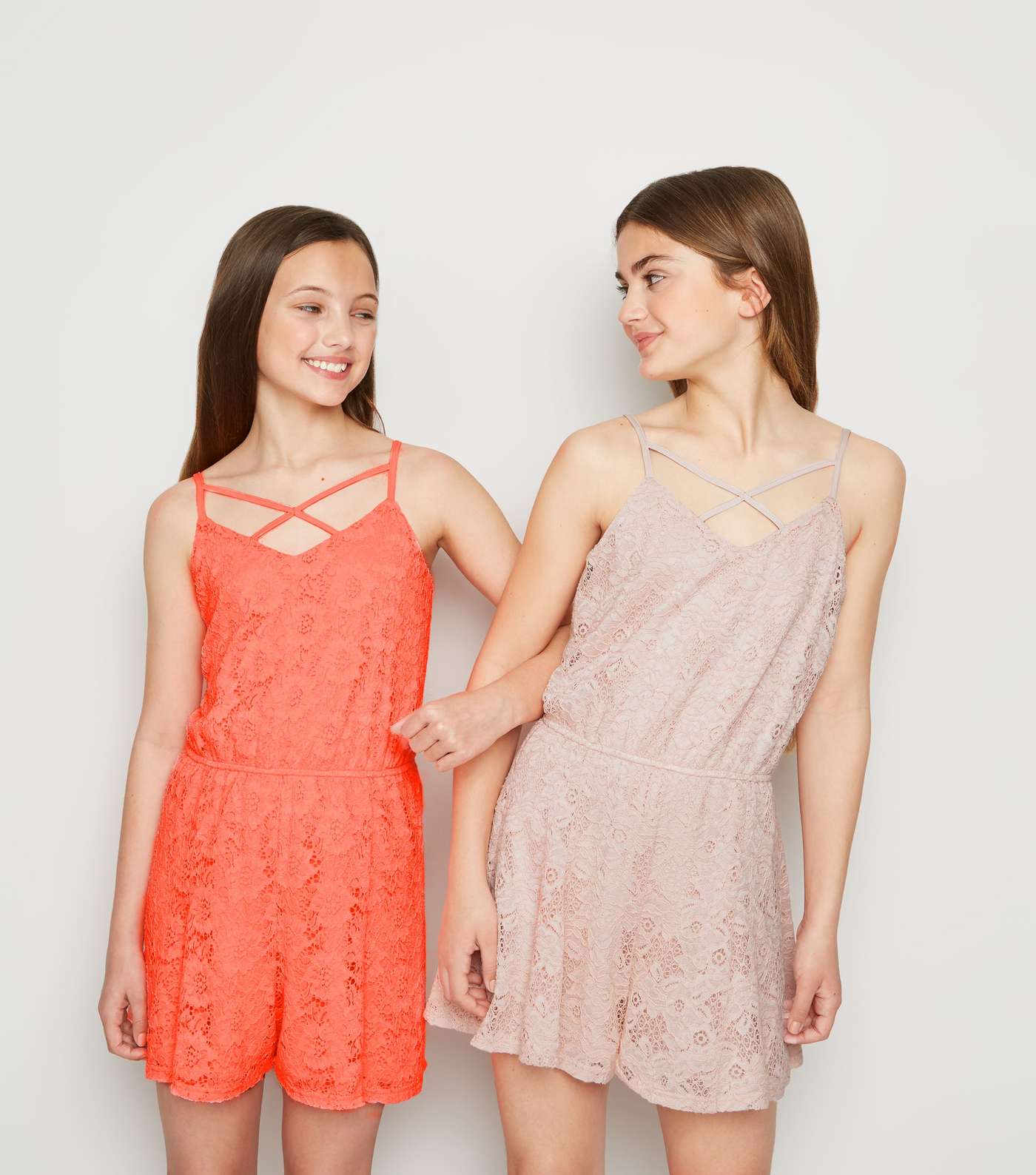 Girls Coral Neon Lace Playsuit Image 5