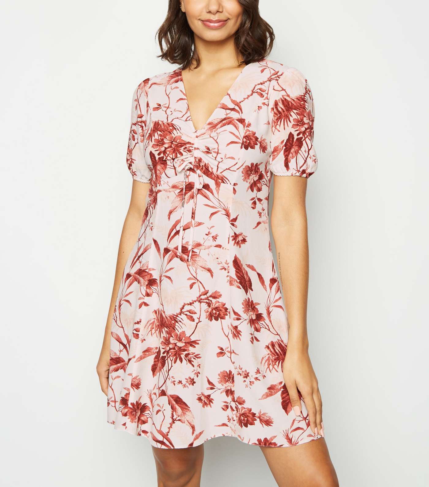White Floral Ruched Front Tea Dress Image 2