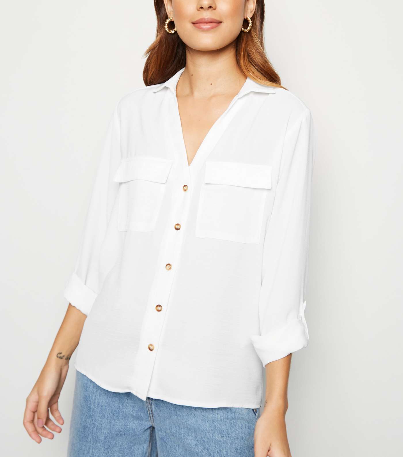 Off White Button Up Utility Shirt