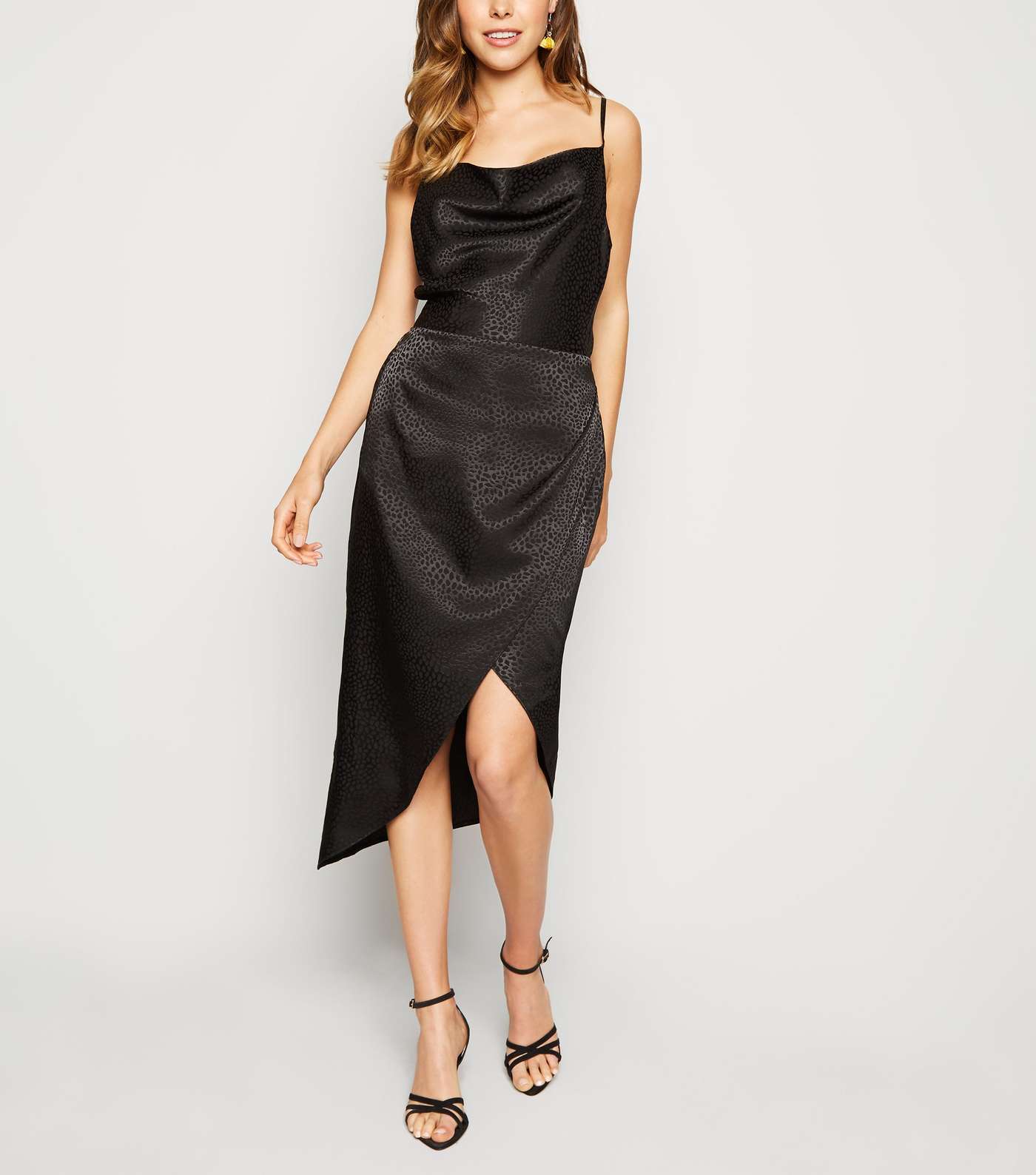 Black Satin Spot Jacquard Midi Dress