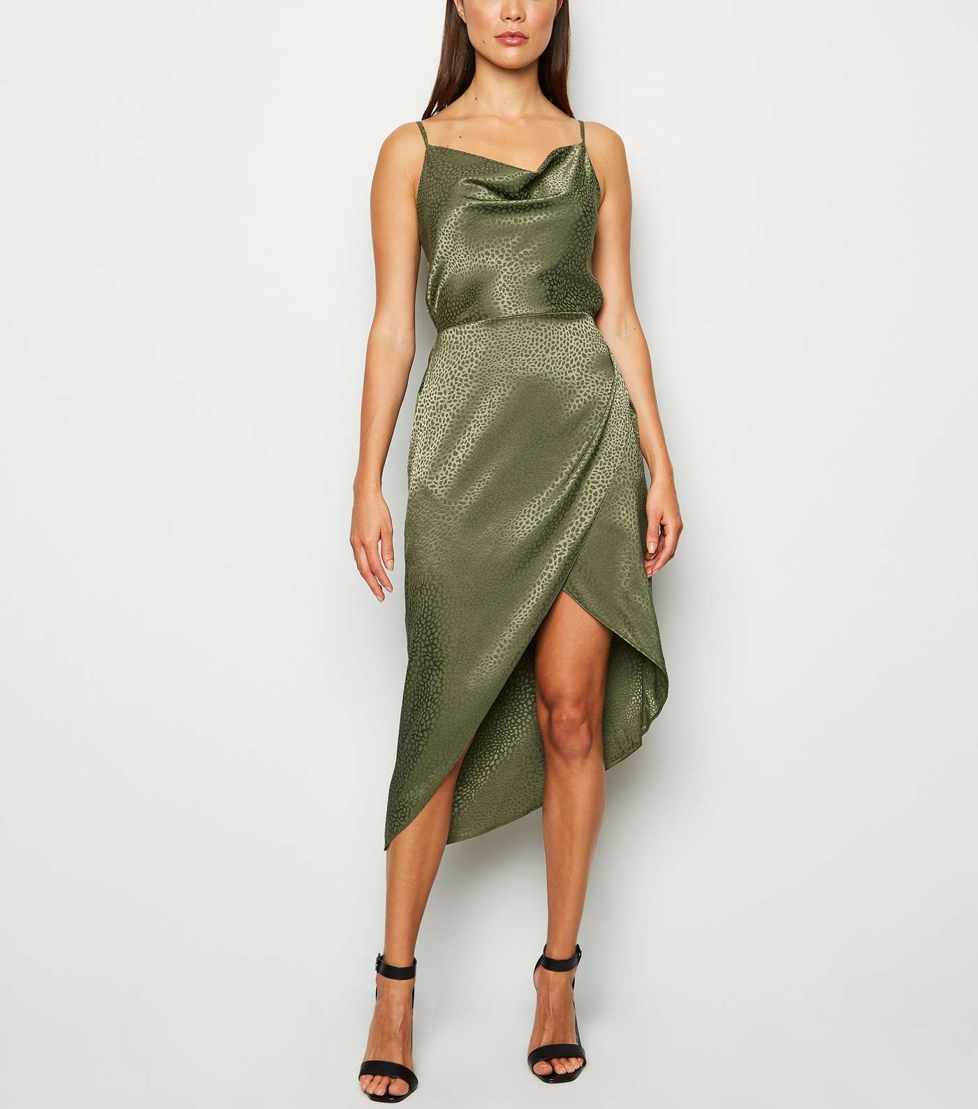 Khaki Satin Spot Jacquard Midi Dress