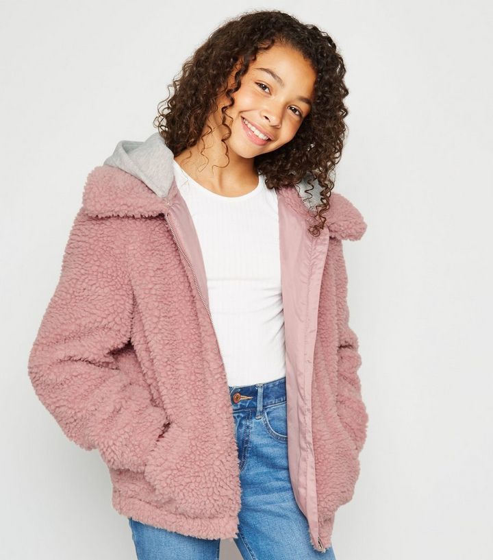 Girls Pink Hooded Oversized Teddy Jacket New Look