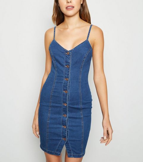 Blue Button Up Denim Bodycon Dress