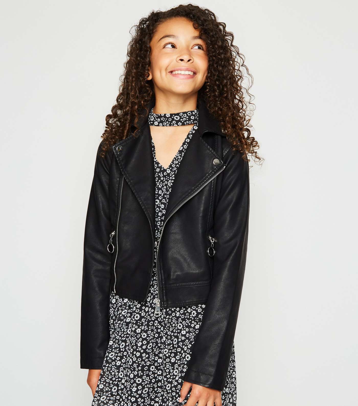 Girls Black Leather-Look Zip Front Jacket 