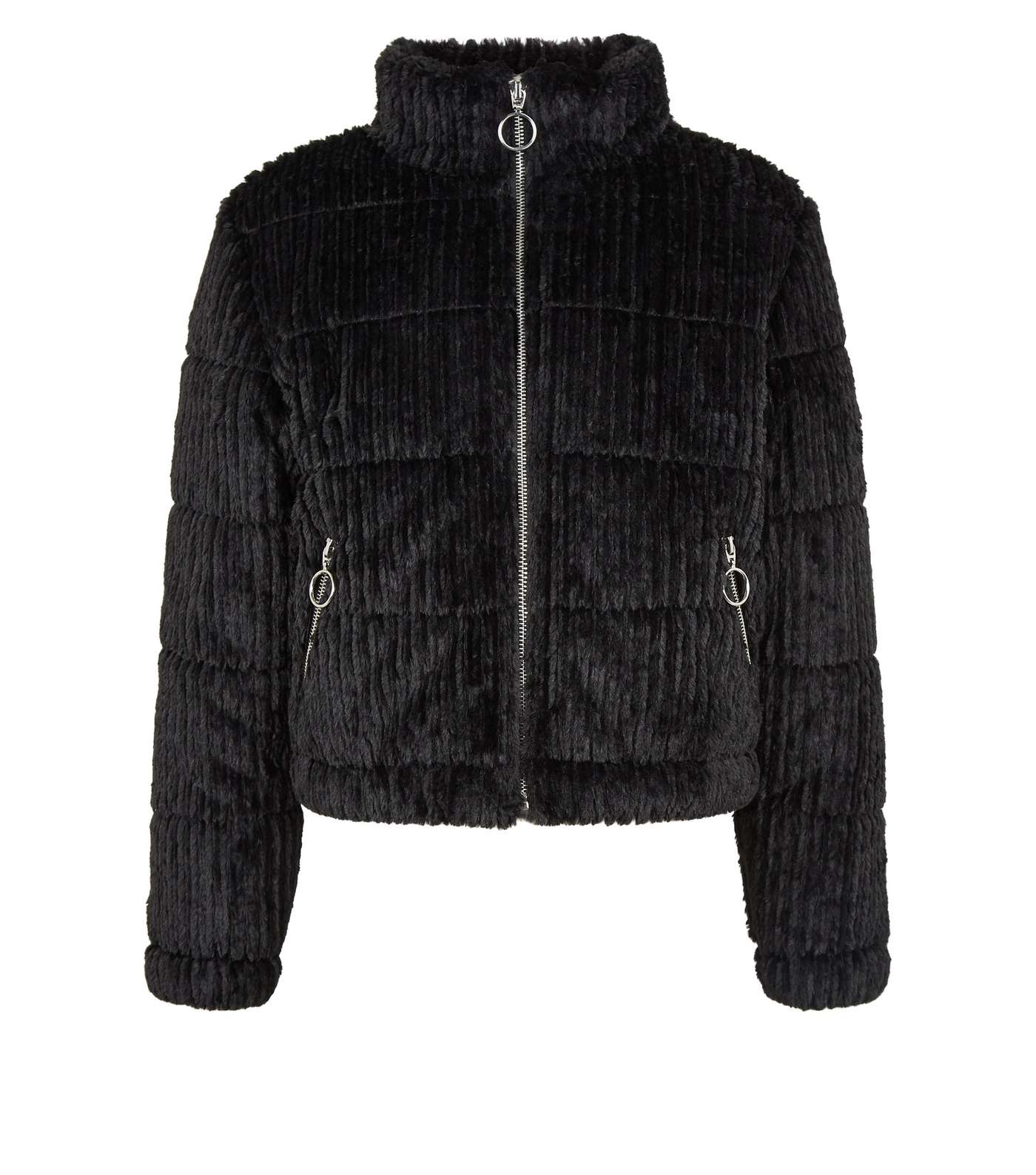 Girls Black Faux Fur Textured Puffer Jacket Image 4