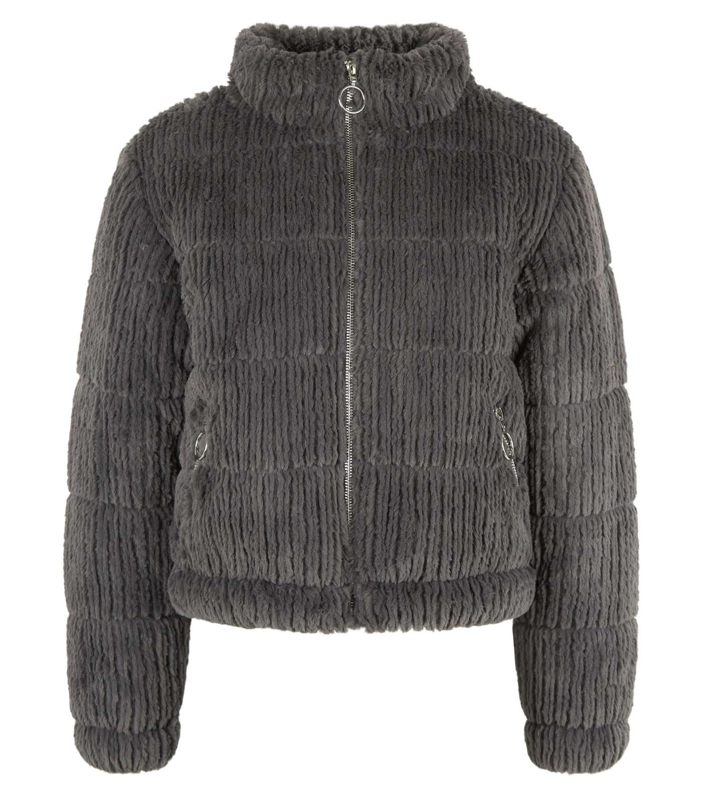 Girls Dark Grey Faux Fur Textured Puffer Jacket Image 4
