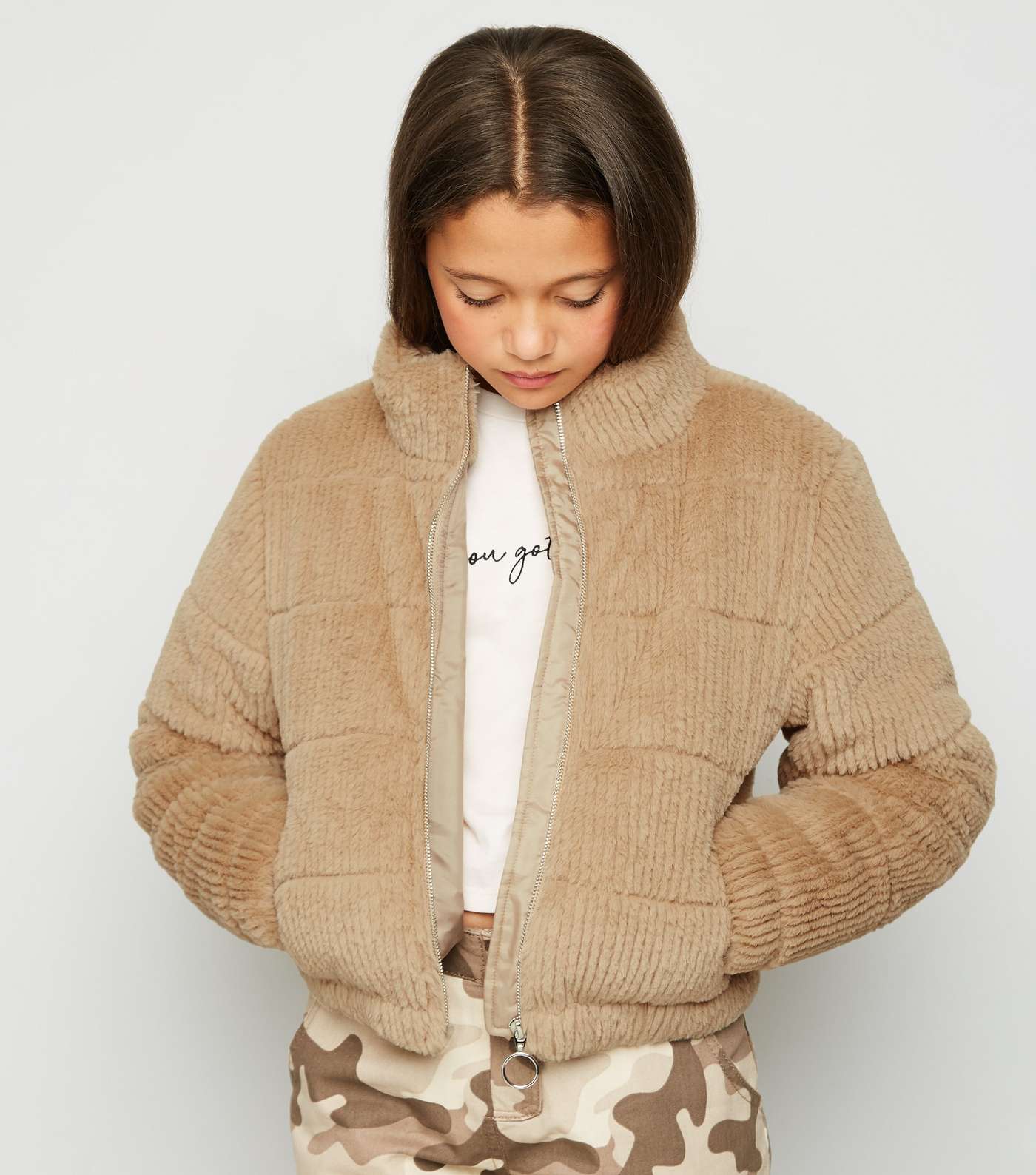 Girls Camel Faux Fur Textured Puffer Jacket