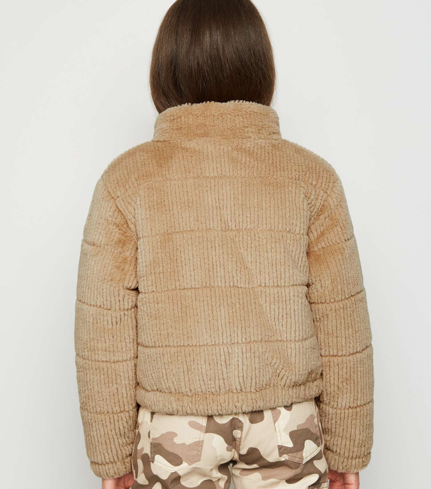 Girls Camel Faux Fur Textured Puffer Jacket Image 3