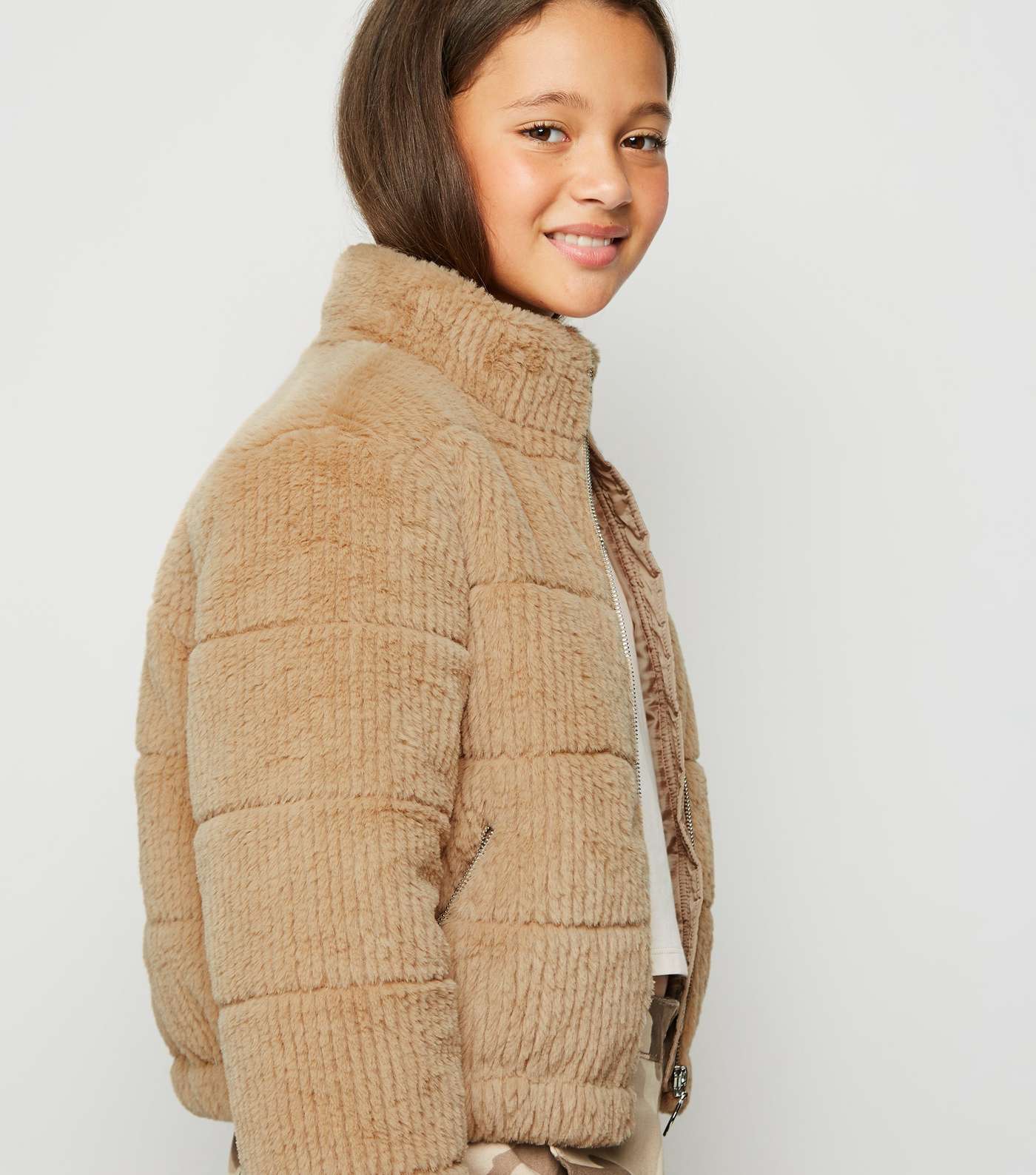 Girls Camel Faux Fur Textured Puffer Jacket Image 7