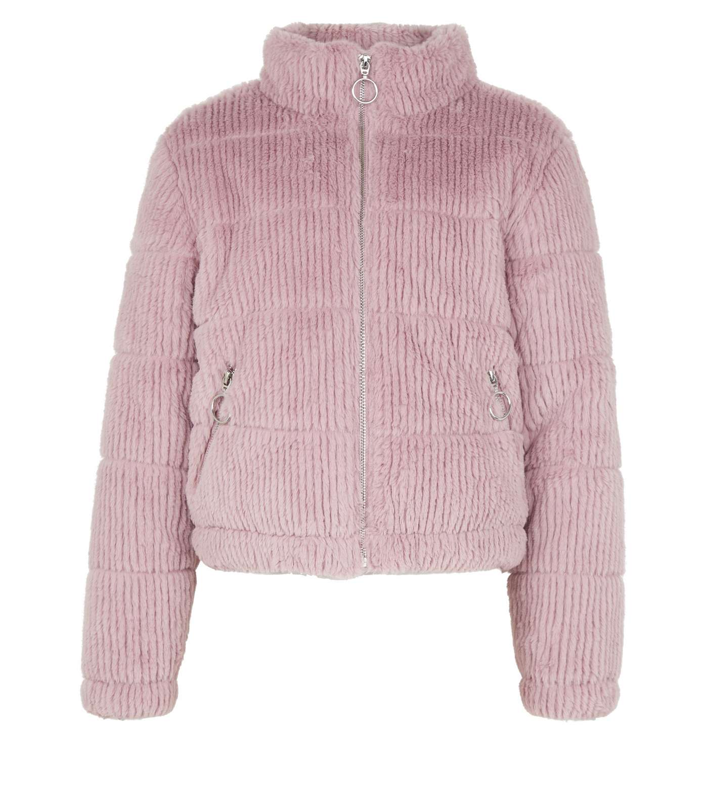Girls Pink Faux Fur Textured Puffer Jacket Image 4