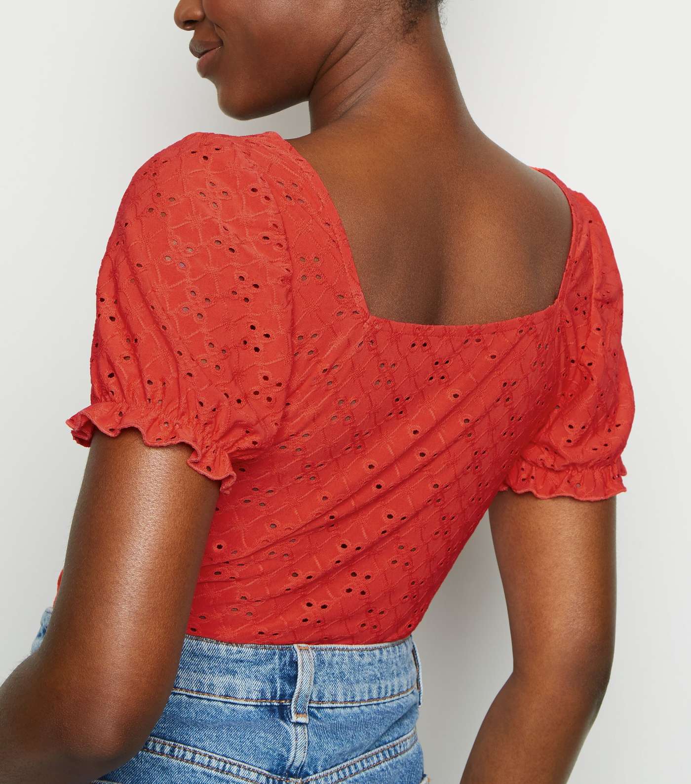 Red Broderie Button Front Milkmaid Top Image 3