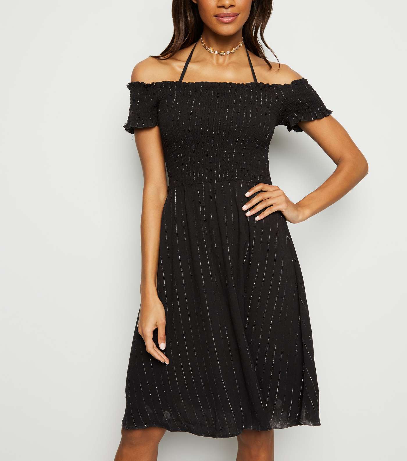 Black Glitter Shirred Bardot Beach Dress