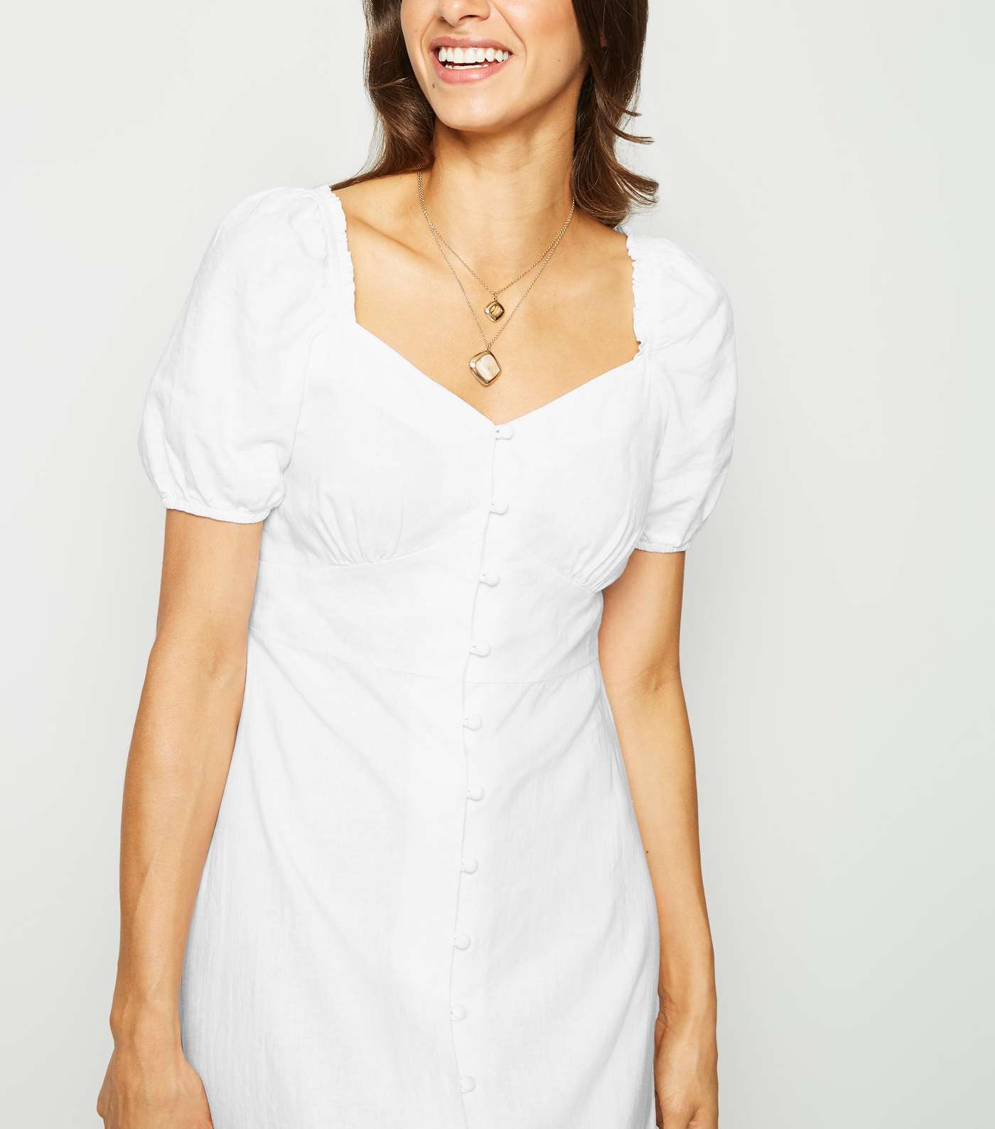 White Linen Blend Button Up Milkmaid Dress Image 2