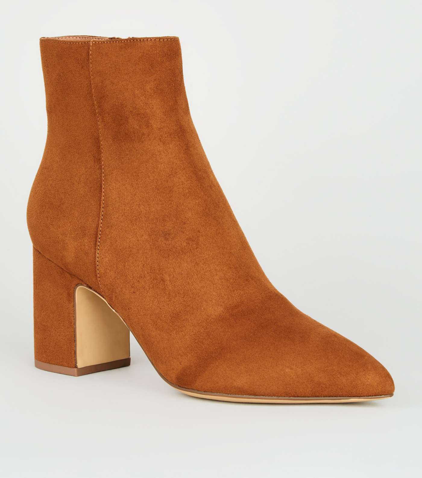 Tan Suedette Pointed Block Heel Boots