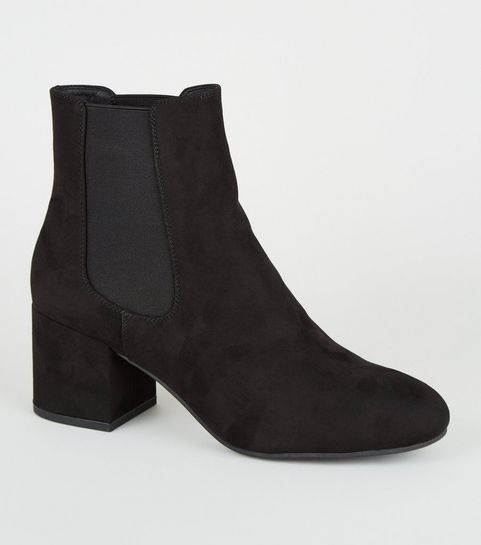 Black Suedette Mid Block Heel Chelsea Boots