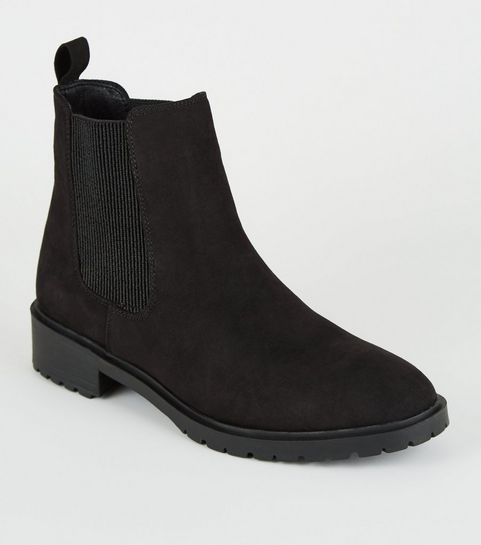 Black Suedette Cleated Flat Chelsea Boots