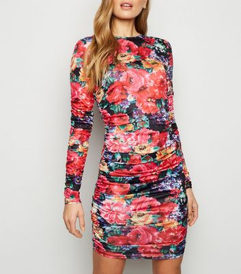 floral ruched bodycon dress