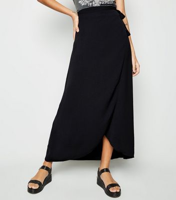 wrap front black maxi skirt