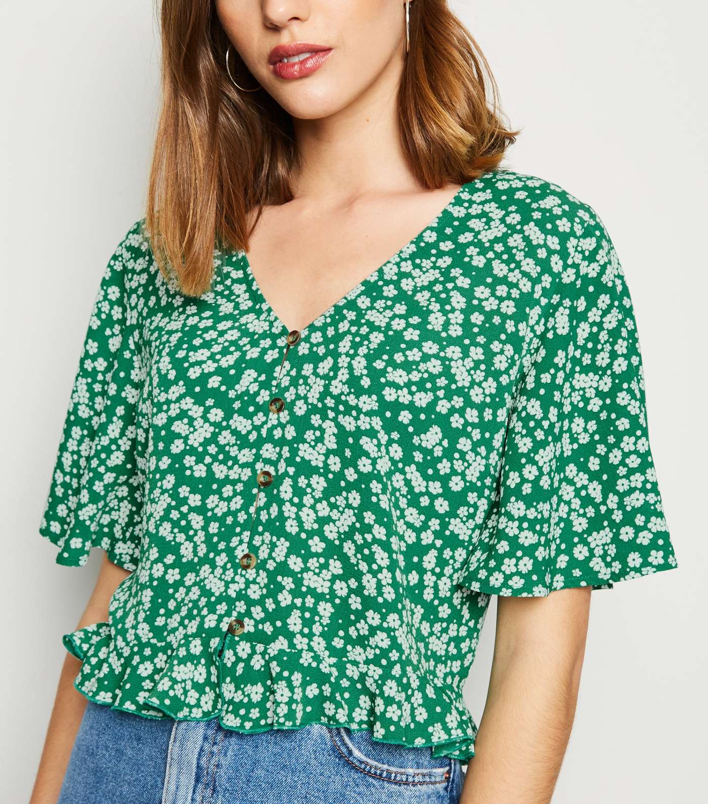 Green Floral Button Up Frill Hem Shirt