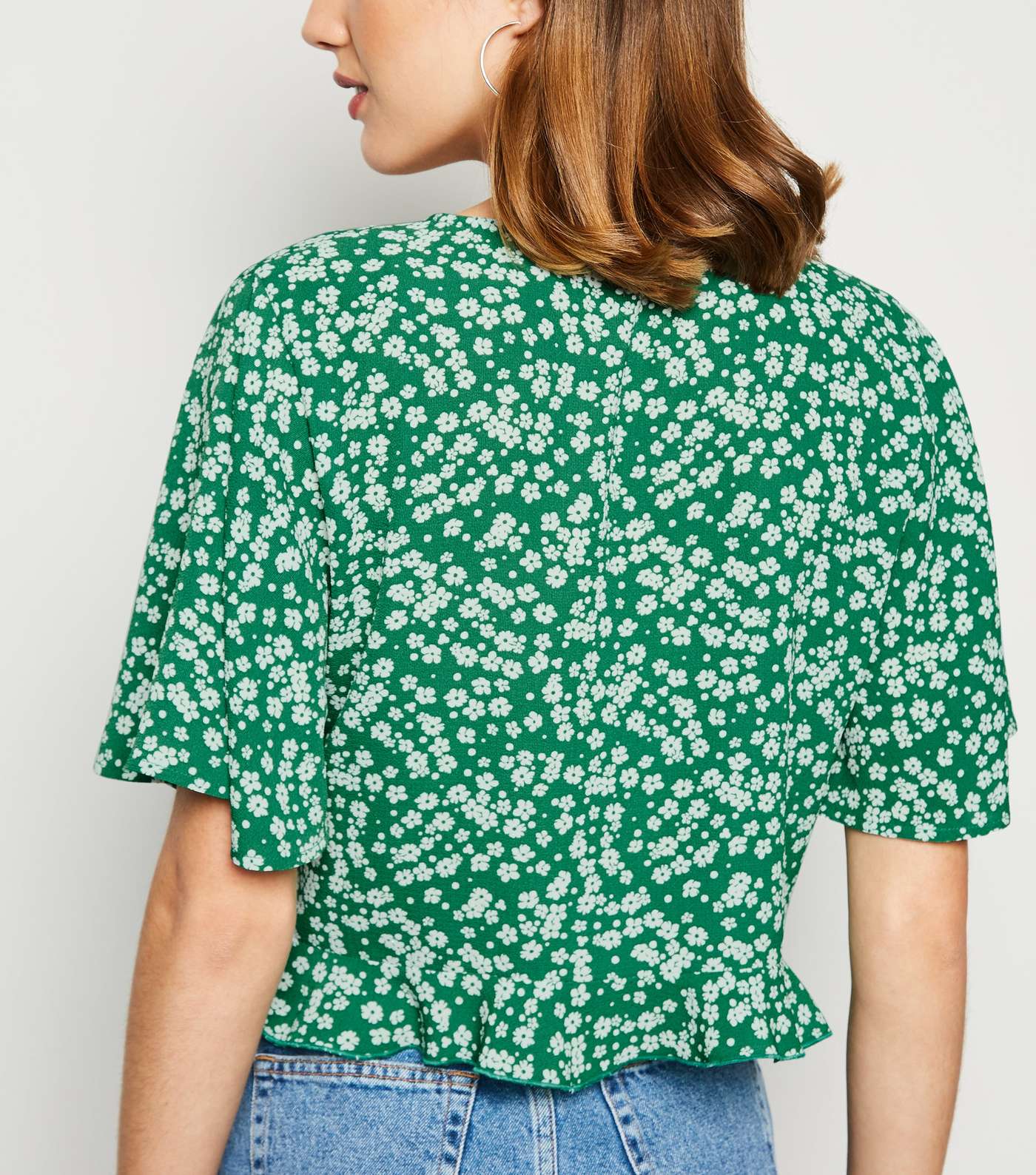 Green Floral Button Up Frill Hem Shirt Image 3
