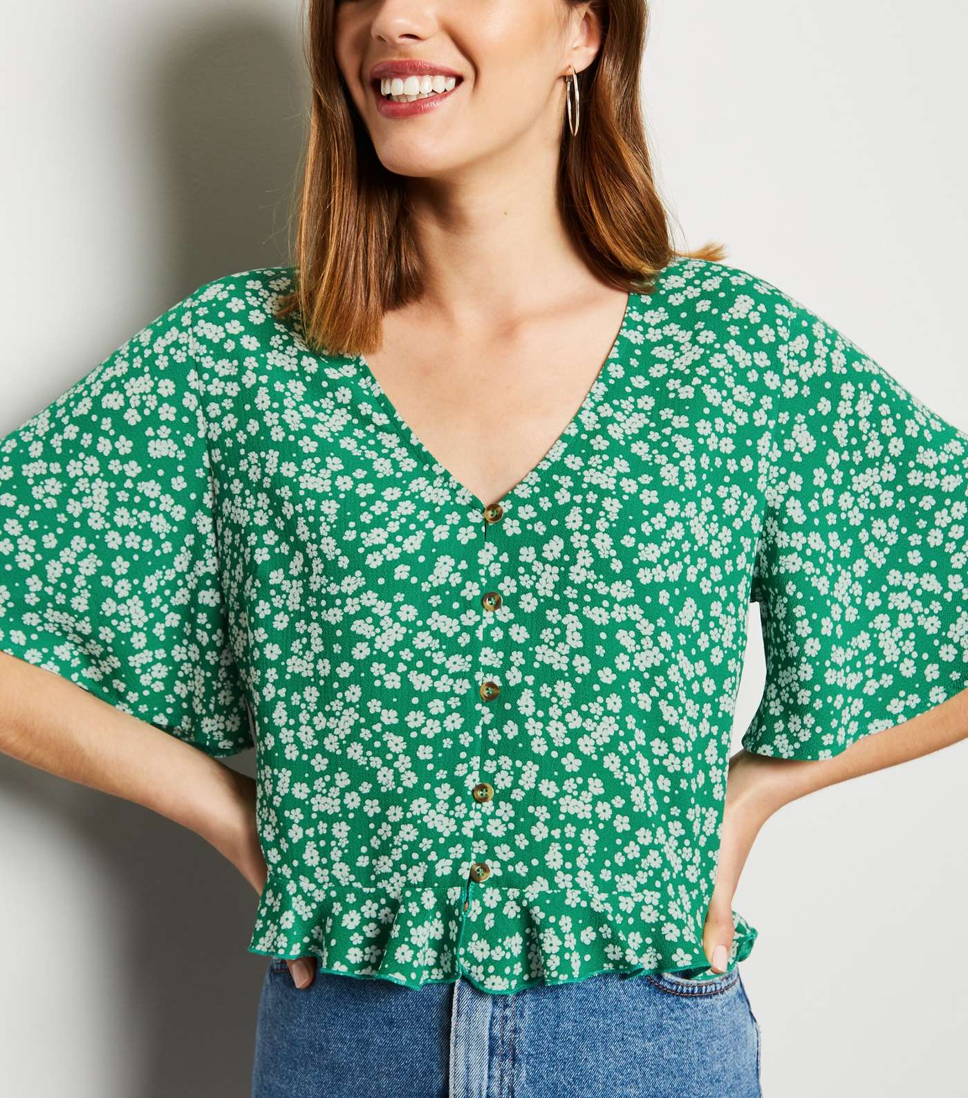 Green Floral Button Up Frill Hem Shirt Image 5