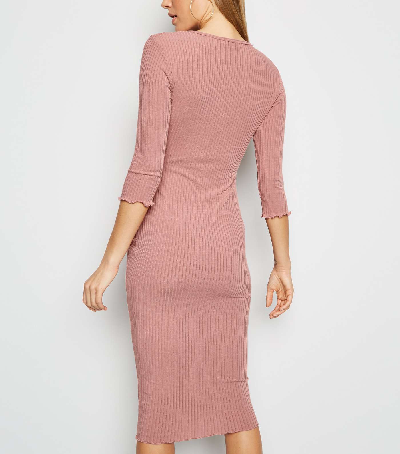 Pale Pink Ring Front Ribbed Bodycon Midi Dress Image 3
