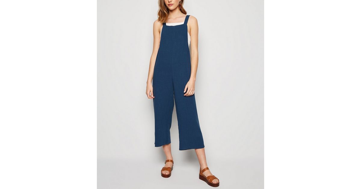 Navy Linen Look Dungaree Jumpsuit New Look
