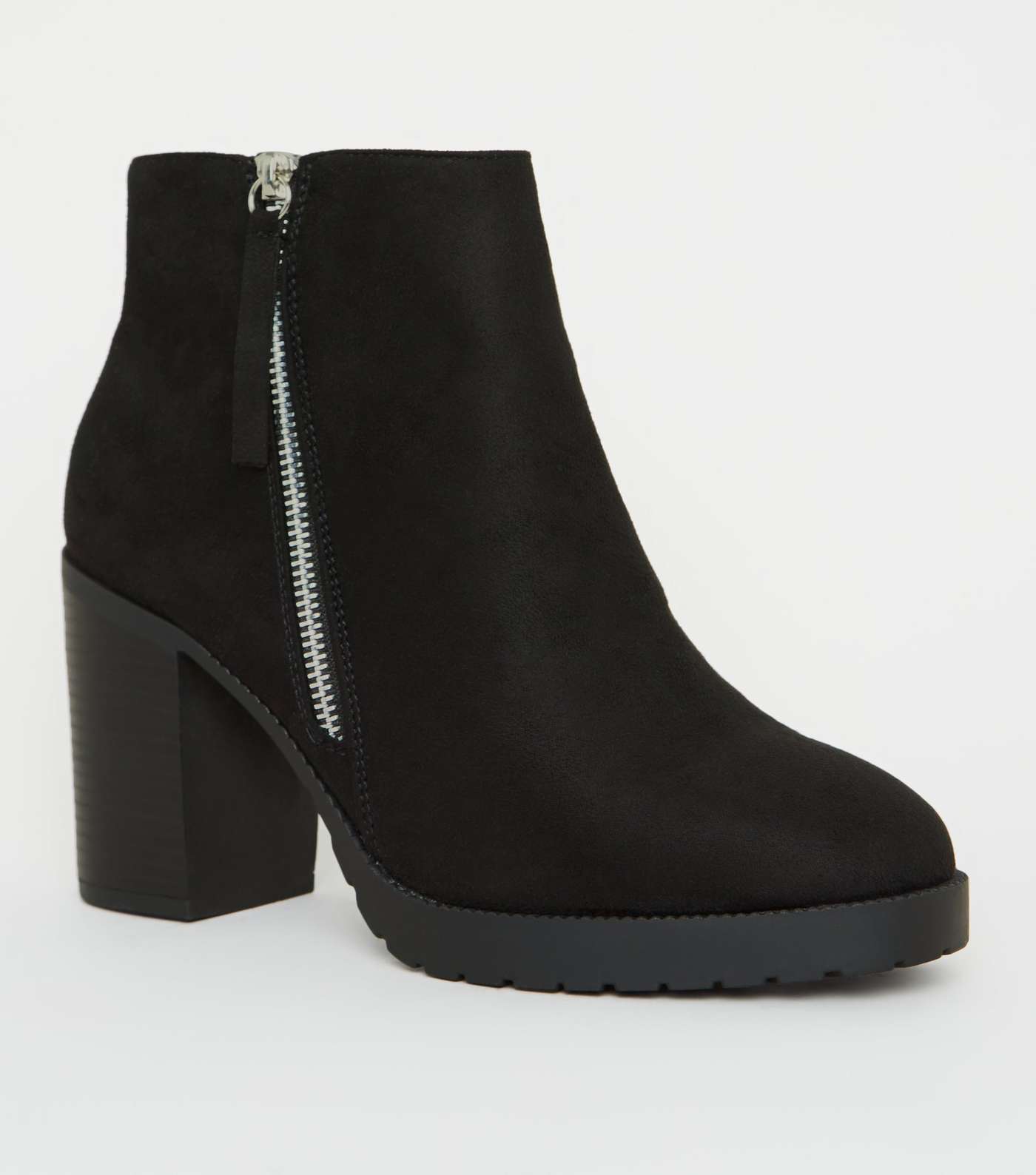 Wide Fit Black Zip Up Chunky Boots 
