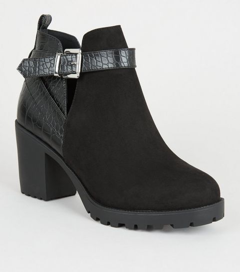 Wide Fit Black Faux Croc Panel Ankle Boots