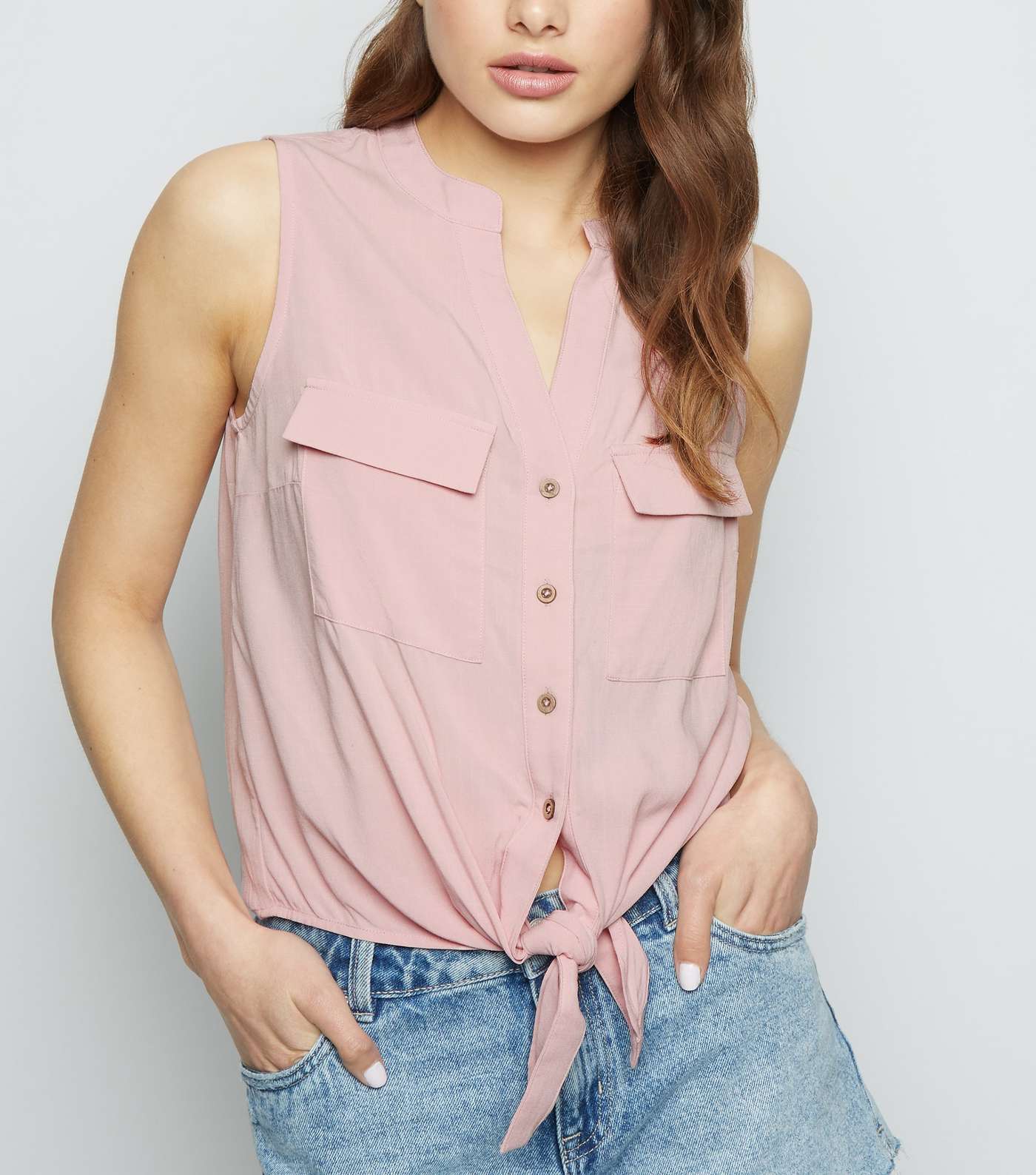 Pale Pink Sleeveless Tie Front Shirt