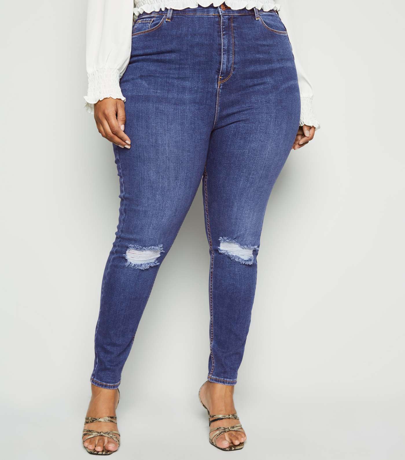 Curves Navy 'Lift & Shape' Ripped Knee Jeans Image 2