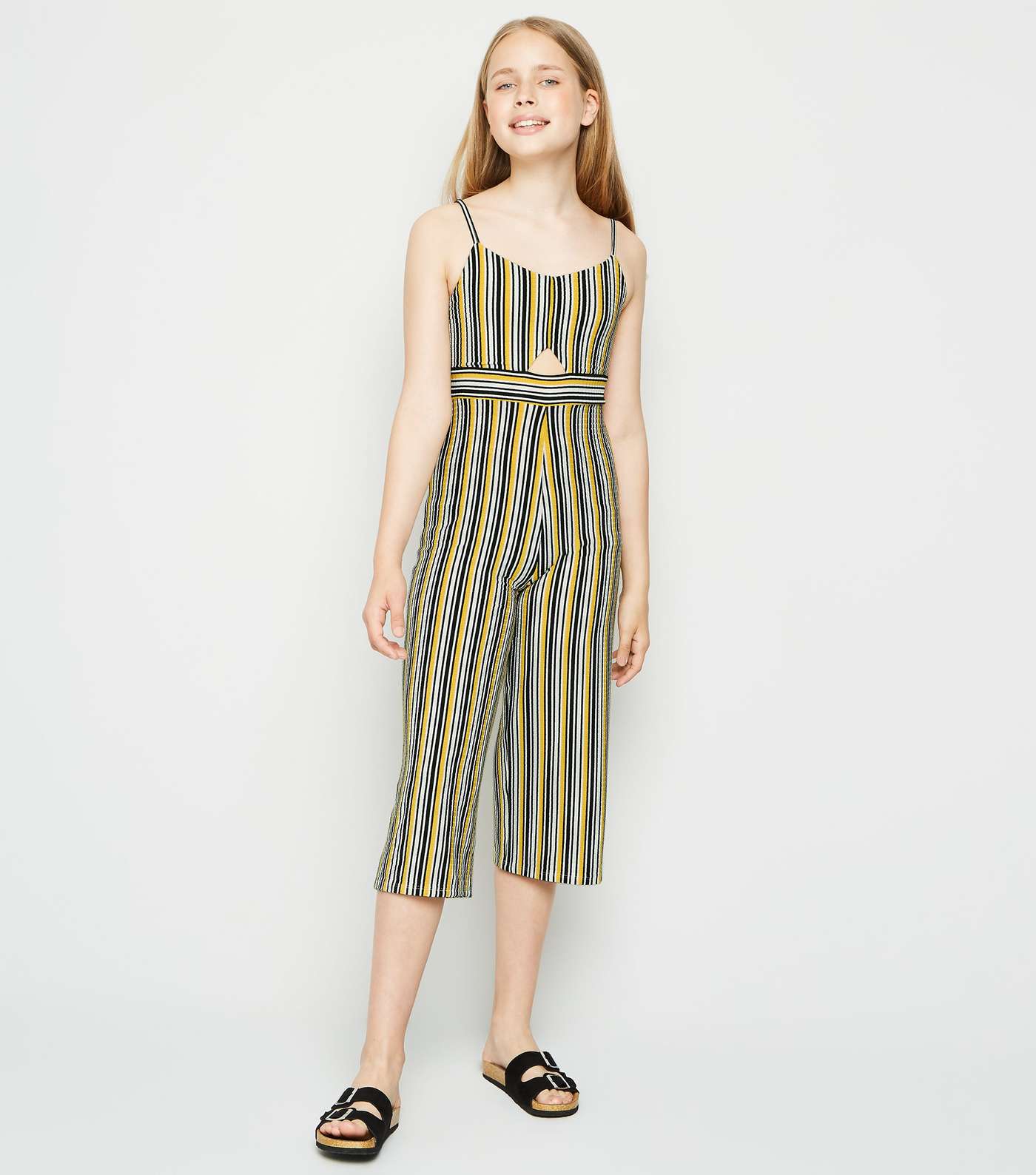Girls Yellow Stripe Cut Out Jumpsuit