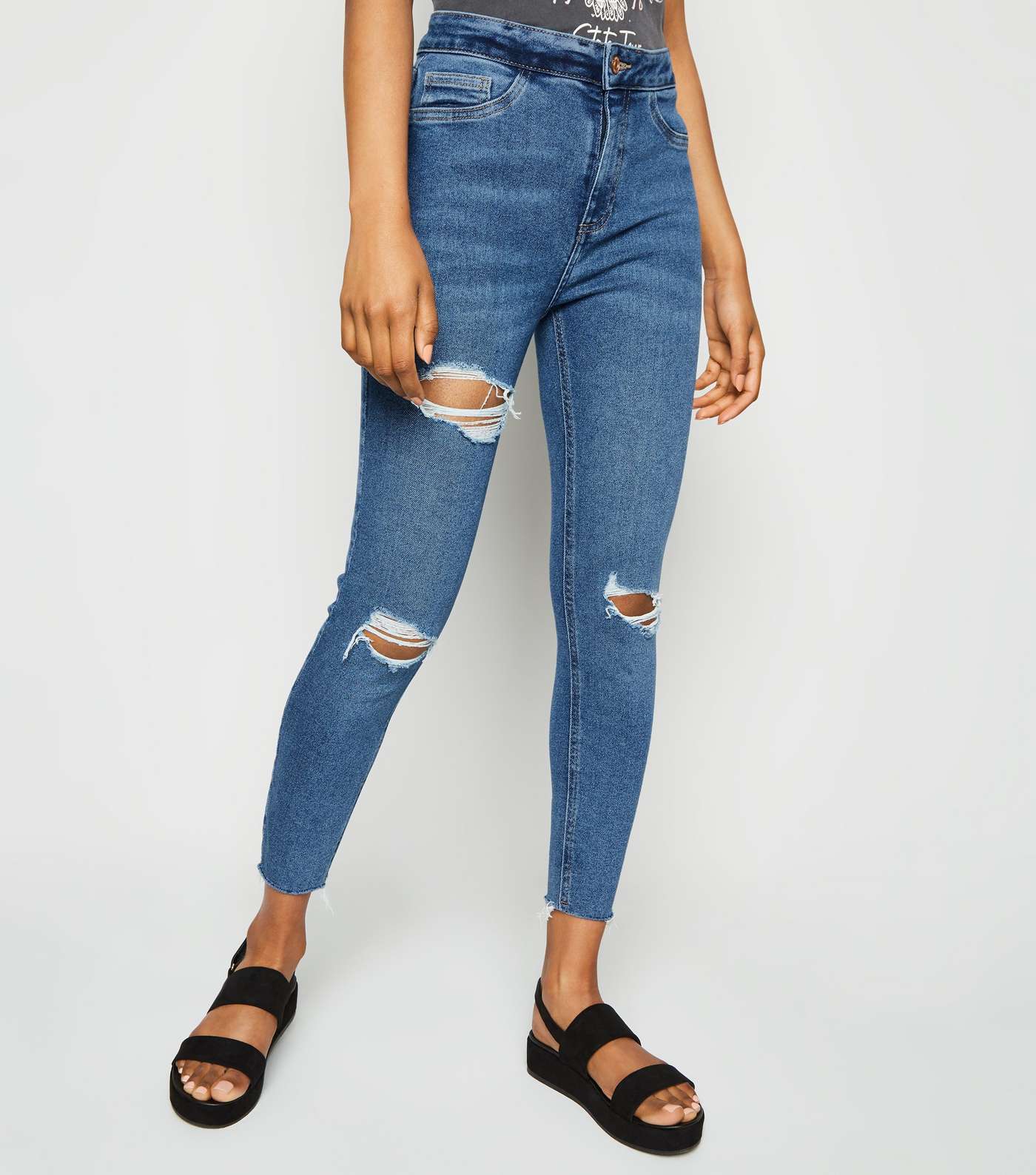 Petite Teal Ripped High Waist Super Skinny Jeans Image 2