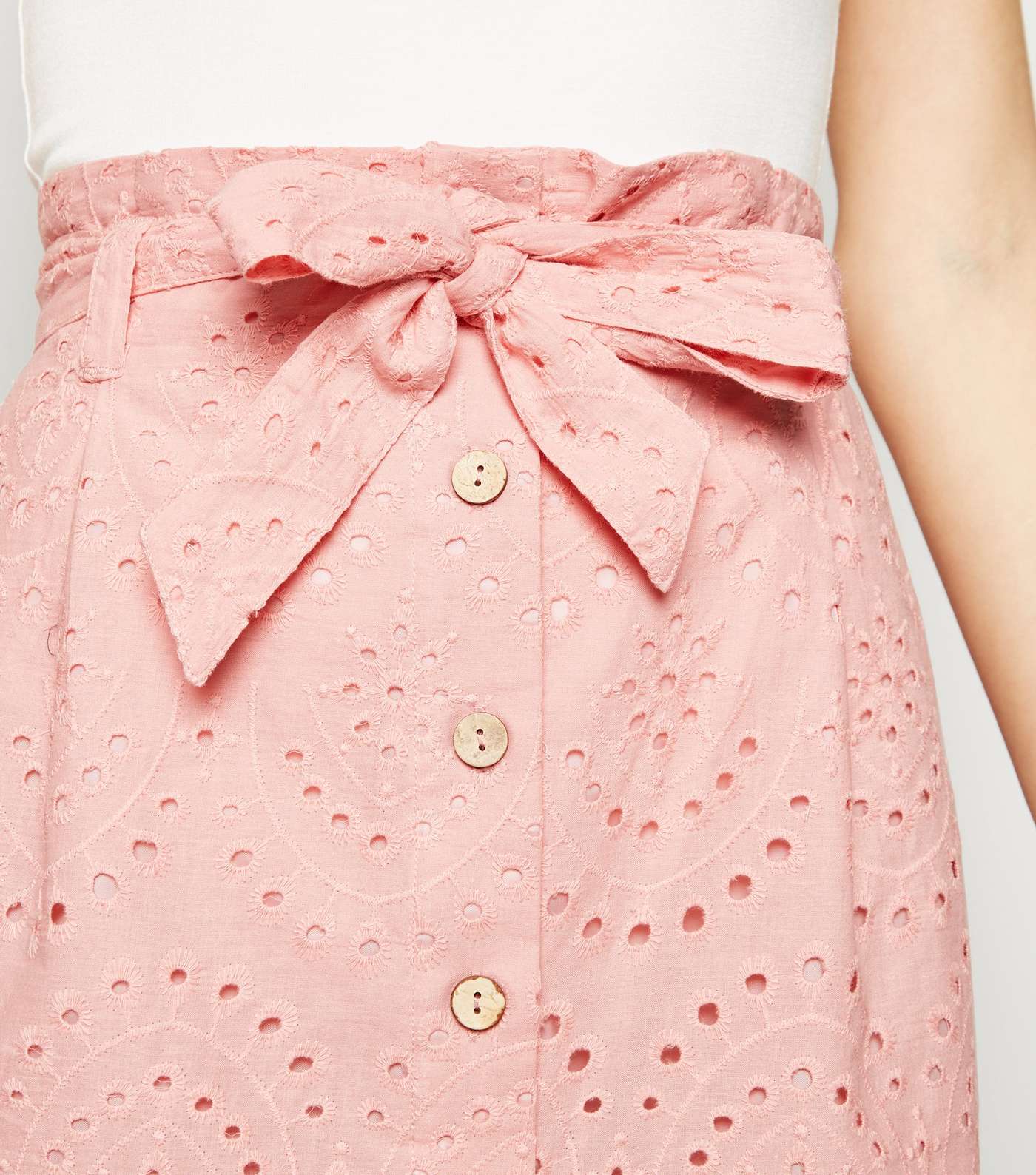 Pale Pink Broderie High Waist Button Up Skirt Image 5