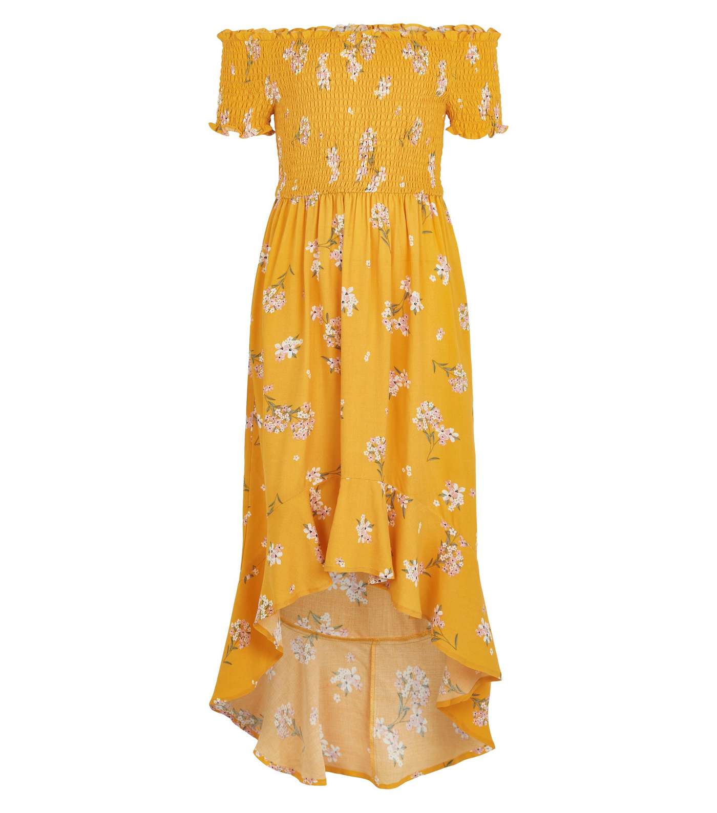 Girls Yellow Floral Shirred Dip Hem Dress  Image 4