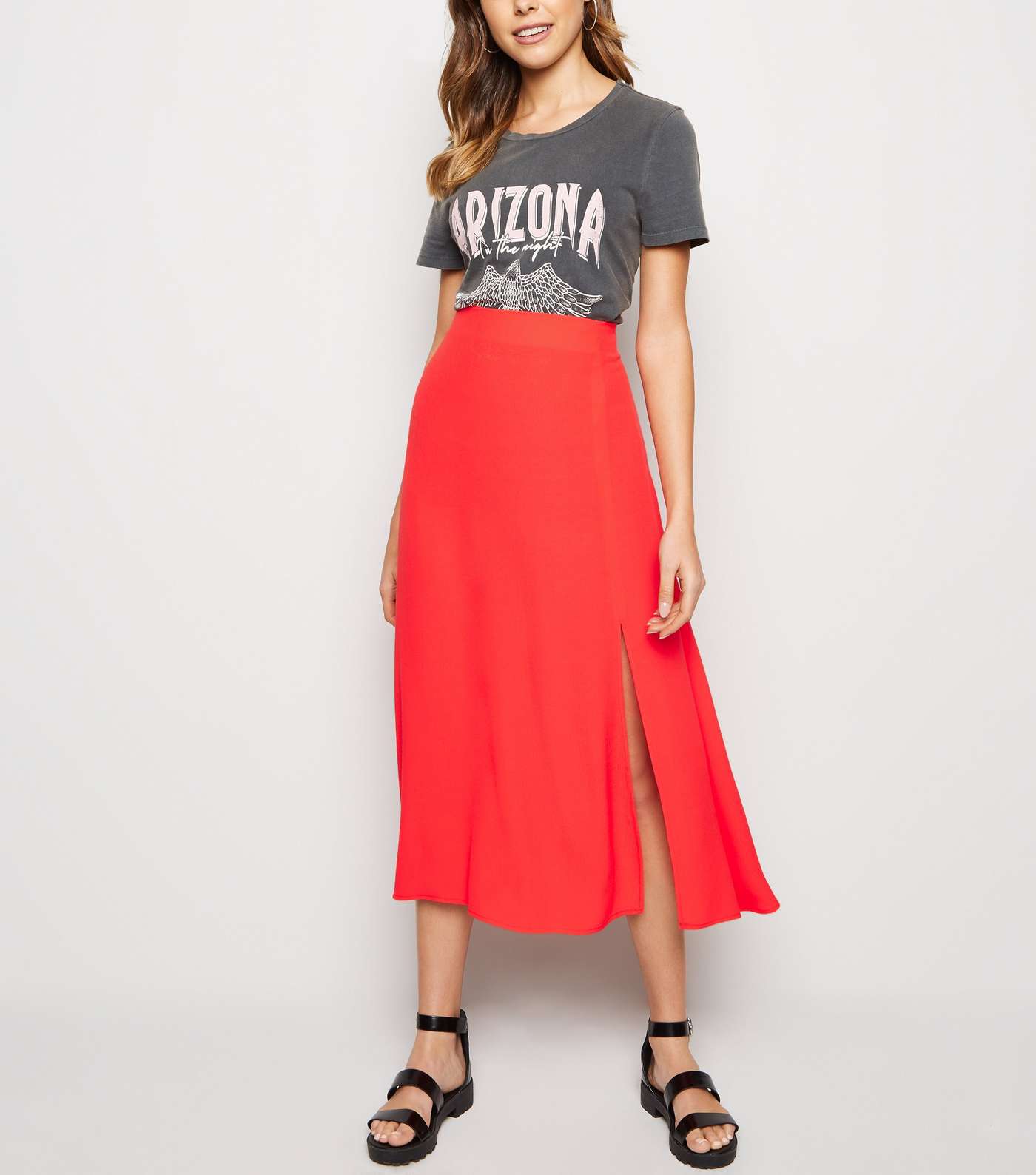 Red Split Side Midi Skirt