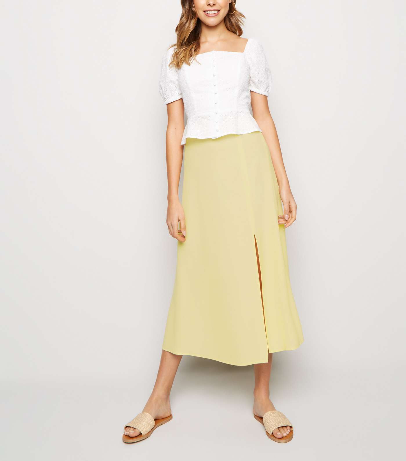 Pale Yellow Split Side Midi Skirt