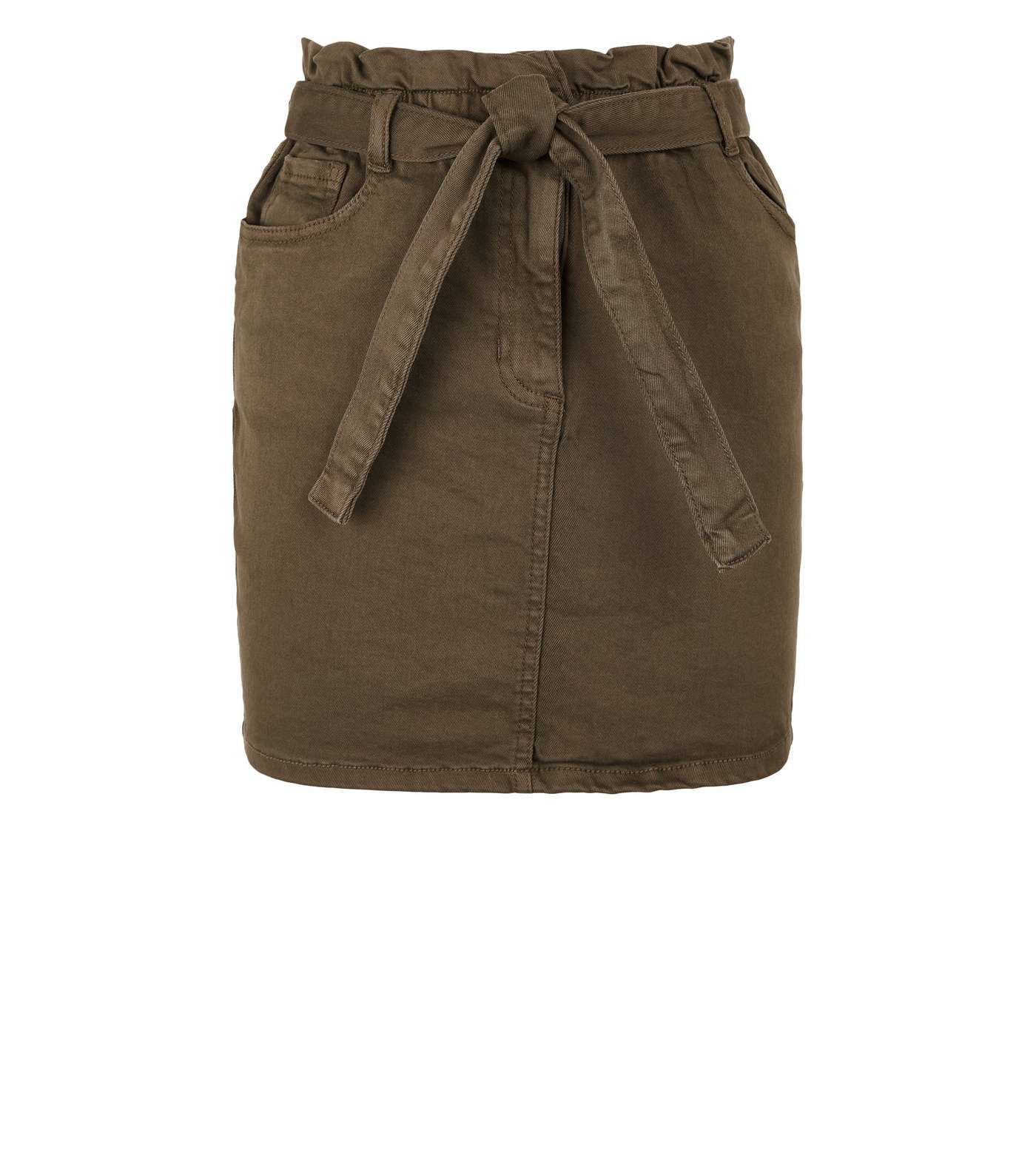 Parisian Khaki High Tie Waist Denim Skirt Image 4