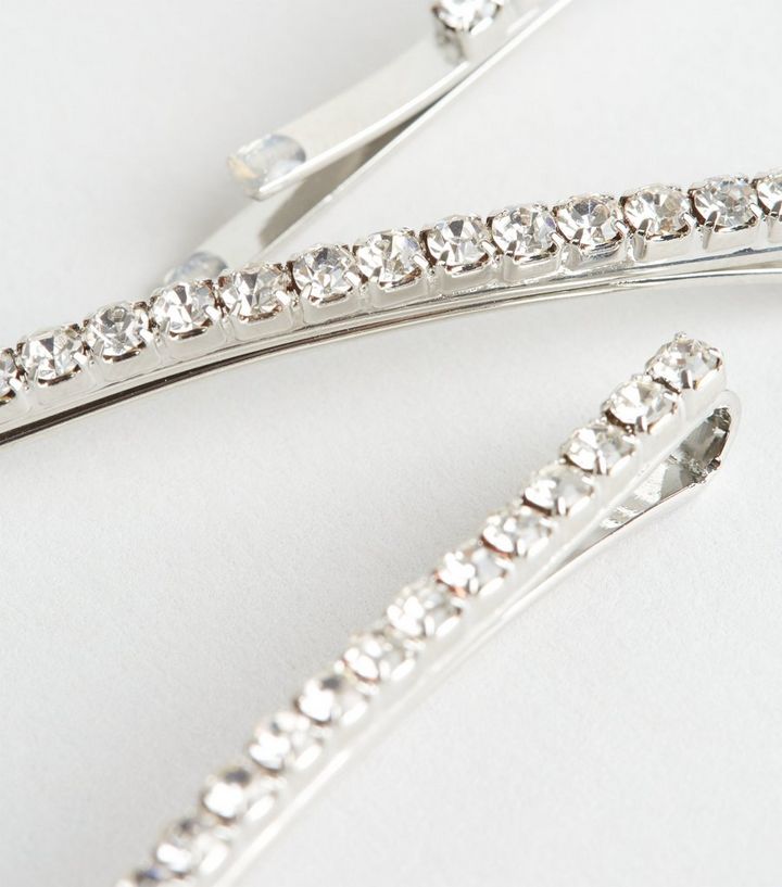6 Pack Silver Diamante Hair Slides New Look