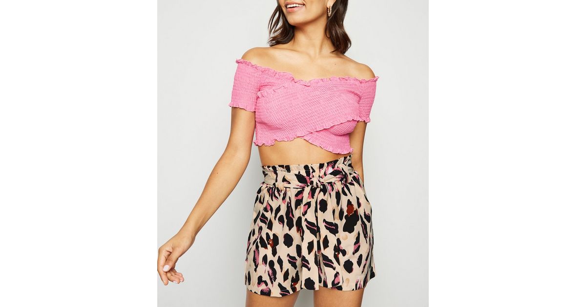 Blue Vanilla Cream Leopard Print Paperbag Shorts New Look