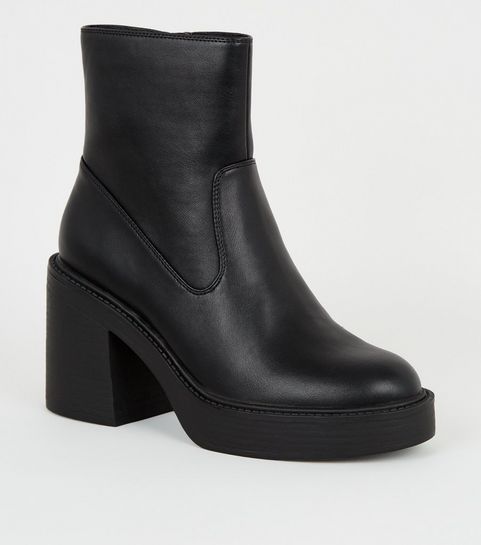 Black Leather-Look Block Heel Platform Boots
